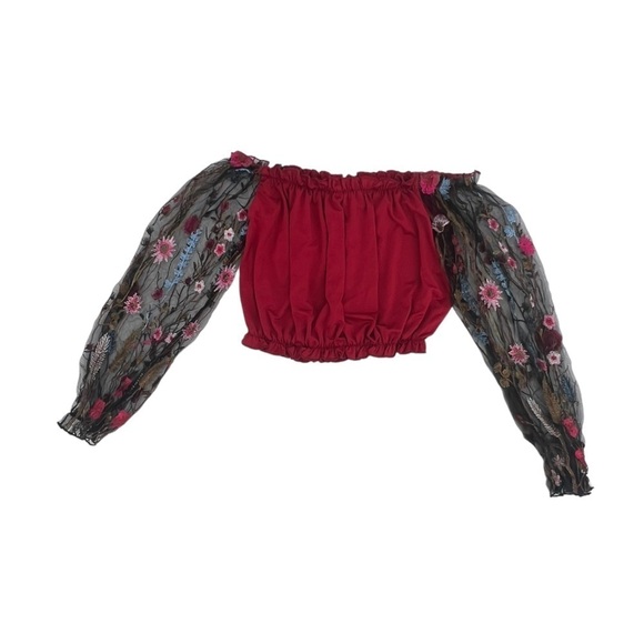 SHEIN Red Floral Long Sleeve Off The Shoulder Crop Blouse Size Small Women’s - Picture 3 of 5